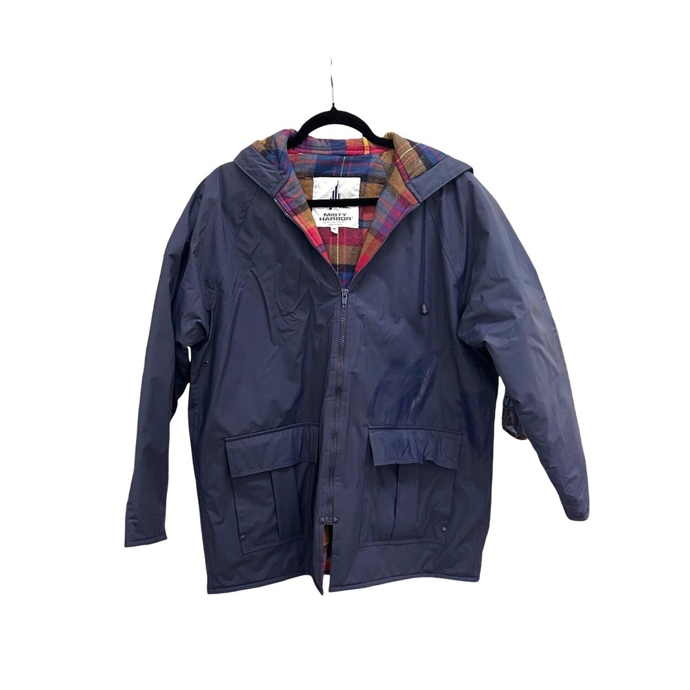 VTG Misty Harbor Navy Blue Hooded Rain Jacket Plaid Lined PVC Slicker Men Med